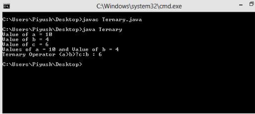 This image describes a output of sample program of ternary operators in java.